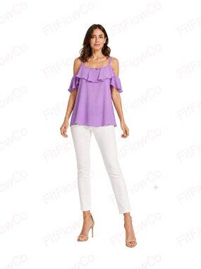 Thalia Sodi Purple Ruffle Cold Shoulder Blouse Women L Crisscross Neck